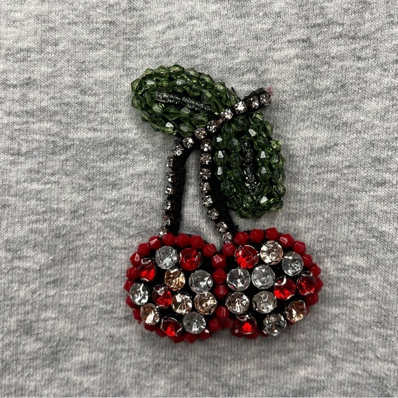 Women’s Gray Crew Neck Sweatshirt Embellished Cherry Appliqué Rhinestone Size Sm - Picture 3 of 9